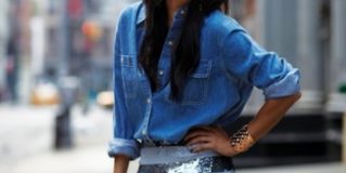 Combination of Chambray Shirt with Sequin Skirt